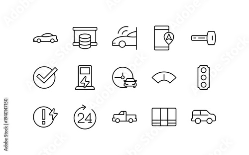 Car repair icon set. Rental, car sales, charging, tools, garage, service, dealer line vector icons. Editable stroke