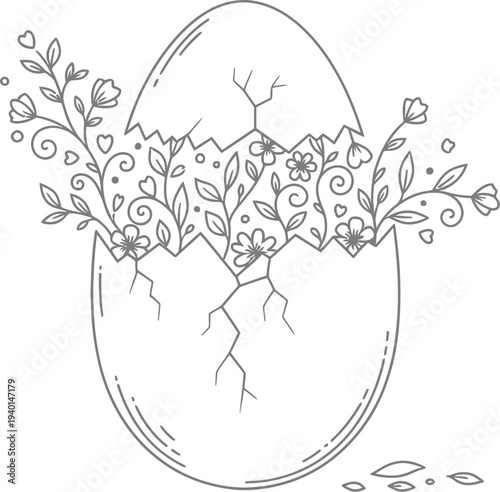 Delicate line art illustration featuring a cracked eggshell overflowing with lush green plants, tiny blossoming flowers, and decorative heart shapes, symbolizing vibrant growth and new beginnings.