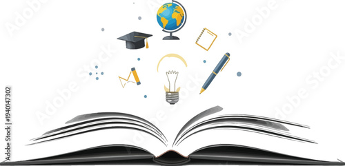 Open book symbolizing the emergence of bright ideas knowledge learning and academic achievement rising into the air