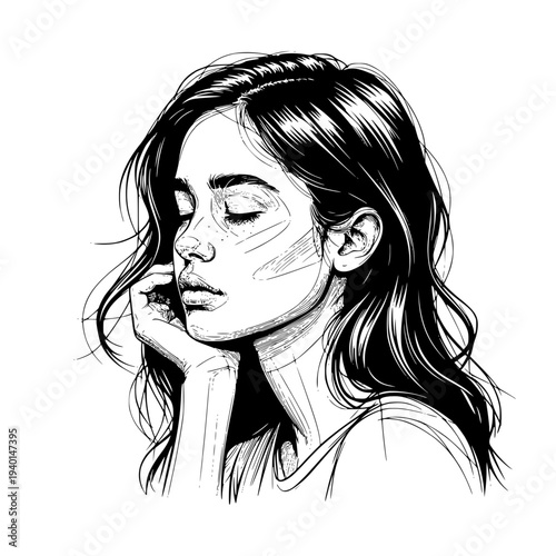 A thoughtful woman's face, long hair pulled back into a bun. Vector illustration. The girl's face is isolated on a white background. Concept for care, mental health, and fatigue from problems.