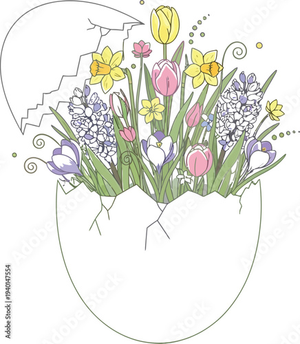 Delicate illustration depicts vibrant spring flowers blooming beautifully from the top of a cracked white Easter eggshell