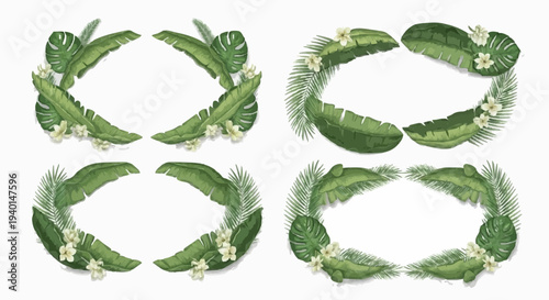 High quality set of four oval-shaped tropical leaf borders. Realistic illustration of exotic jungle plants and white flowers on a white background for multipurpose graphic design