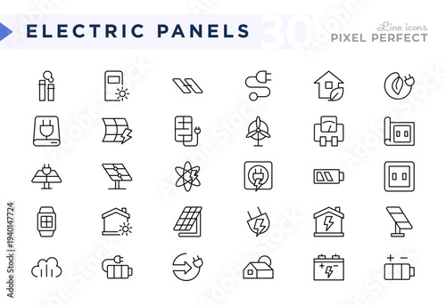 Electric Panel outline icons. Ecology, solar, sun, energy,  renewable energy, battery, power generation, battery line icon set. Editable vector stroke