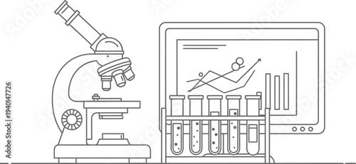 Laboratory science equipment featuring a microscope test tubes and a digital display showing increasing data analysis results