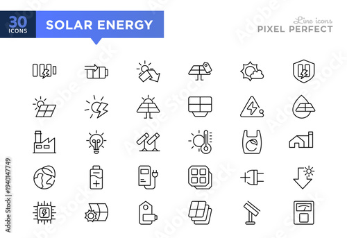 Solar energy line icon collection. Renewable energy, ecology, panel, sun, electricity, battery, power generation, battery outline icon set. UI thin icons