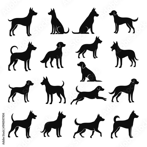 Collection of Dog Silhouettes in Various Poses.