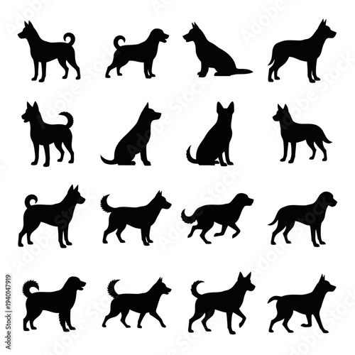 Collection of Dog Silhouettes in Various Poses.