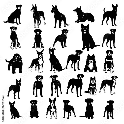Collection of Dog Silhouettes in Various Poses.