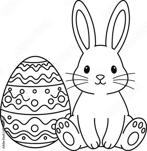 A cute little easter bunny with long ears sitting happily beside a beautifully decorated easter egg outline drawing perfect for children's coloring books.