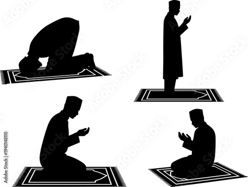 Muslim prayer positions silhouette Islamic praying man Salah Namaz poses vector illustration isolated worship religion spiritual devotion set