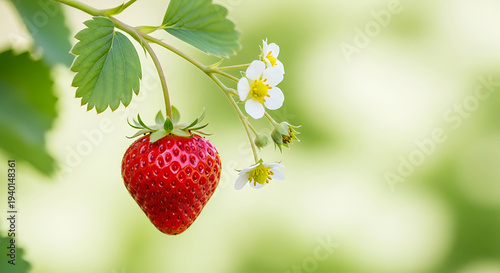 Ripe red strawberry hanging from green vine with white flowers on soft blurred background