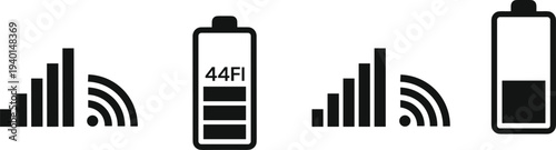 Black and white technology icons set featuring mobile cellular signal strength bars wireless wifi connectivity symbols and digital battery level indicators with percentage for interface design