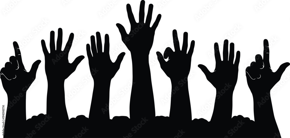 Obraz premium A group of raised hands in a gesture of unity or protest against a transparent background