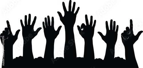 A group of raised hands in a gesture of unity or protest against a transparent background