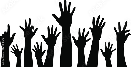 A group of raised hands in a black silhouette against a transparent background symbolizing unity and collective action