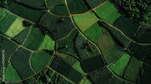 Aerial view of green patchwork farmland, showcasing a diverse landscape of cultivated fields. The intricate patterns created by the farmlands create a unique and visually captivating scene