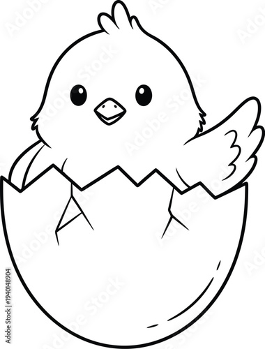 A charming and adorable newborn chick with big eyes happily emerges from a cracked eggshell in a delightful black and white line art illustration ready for coloring.