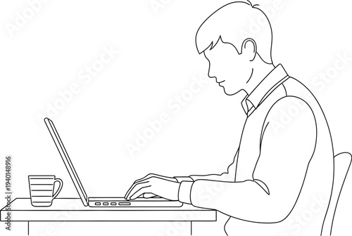 A professional young man working diligently on his modern laptop computer at a desk, focused on his tasks, highlighting productivity and remote work.