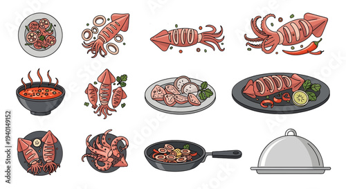Spicy Grilled Squid and Seafood Cooking Illustration Set Vector