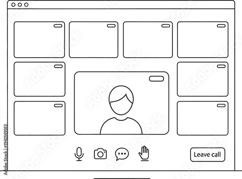 An online video conference call interface illustration showing multiple participants engaged in a virtual meeting, with user avatars and interactive communication controls clearly displayed.