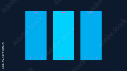 Three mobile devices displaying screens in a row on dark background from a straight-on viewpoint