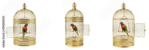 Obraz na płótnie Set of Rainbow Lorikeet Parrots in Golden Ornate Birdcages with Open Door Isolat
