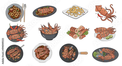 Hand Drawn Spicy Grilled Squid and Calamari Rings Set, Seafood Fusion Dishes Vector