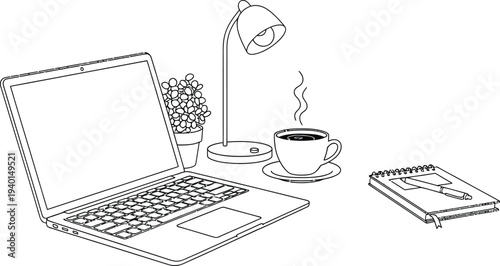 A productive and neatly arranged desk setup showcases a modern laptop, steaming coffee, a small plant, a functional desk lamp, and a spiral notebook.