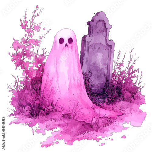 Pink Ghost Sitting in Haunted Graveyard with Tombstone and Foliage, Whimsical Gothic Halloween Watercolor Clipart, Isolated on White Background
