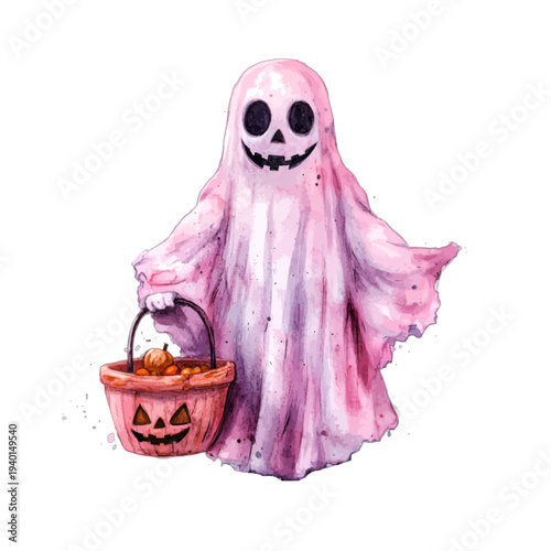 Cute pink ghost watercolor illustration carrying a pumpkin candy bucket