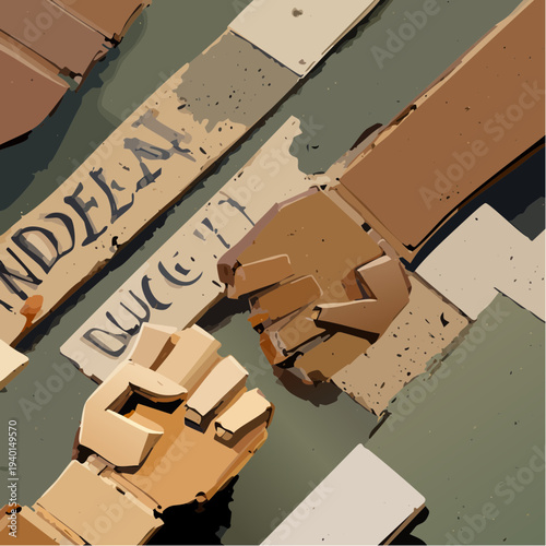 Raised fist symbol of protest and solidarity made from recycled cardboard.