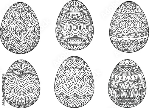 Set of six intricately patterned black and white Easter eggs, ideal for a relaxing and creative coloring book activity, perfect for holiday craft projects.