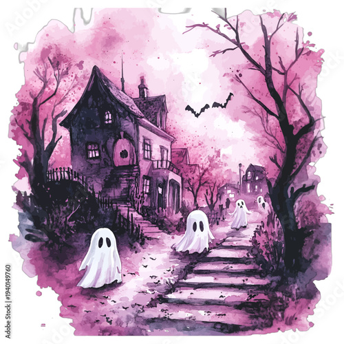 Watercolor spooky haunted house with pink ghosts and bats in forest
