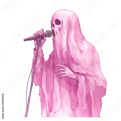 Watercolor illustration of a pink skeletal ghost singing into a microphone isolated on white