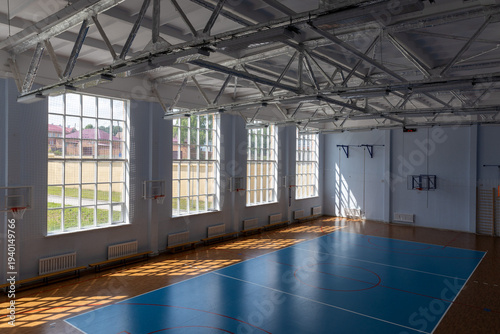 Interior of school sports hall for playing basketball, volleyball, handball and sports, top view