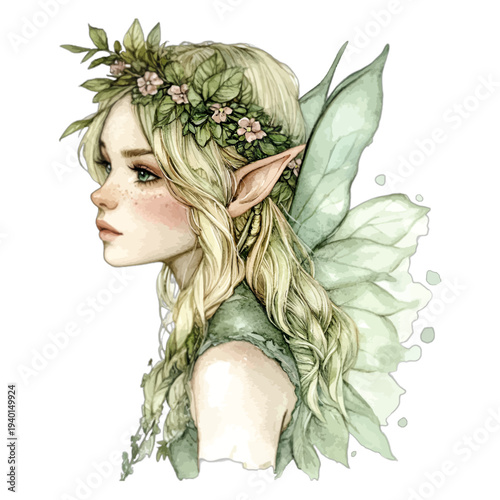 Watercolor illustration of a beautiful blonde forest fairy with leaf wings and flower crown