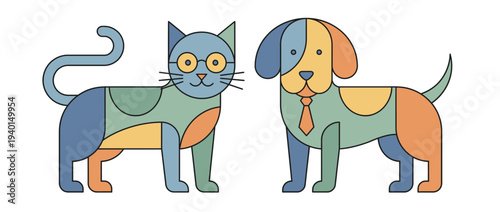 Flat vector illustration of cat and dog pets in a friendly pose together