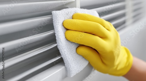 Cleaning blinds with a white cloth and a yellow glove, showcasing hygiene and cleanliness. The hand is in motion, removing dust or dirt from the shutters