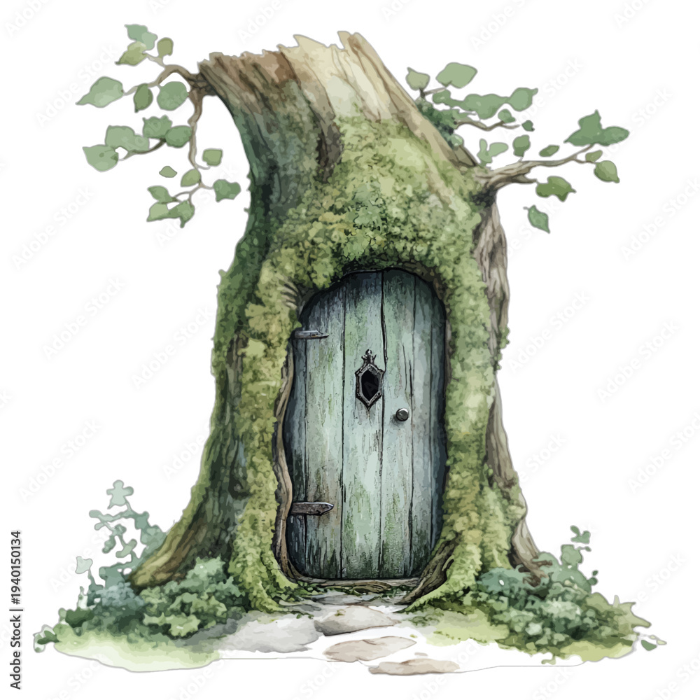 Naklejka premium Watercolor fairy tree door with mossy bark and teal wooden entrance