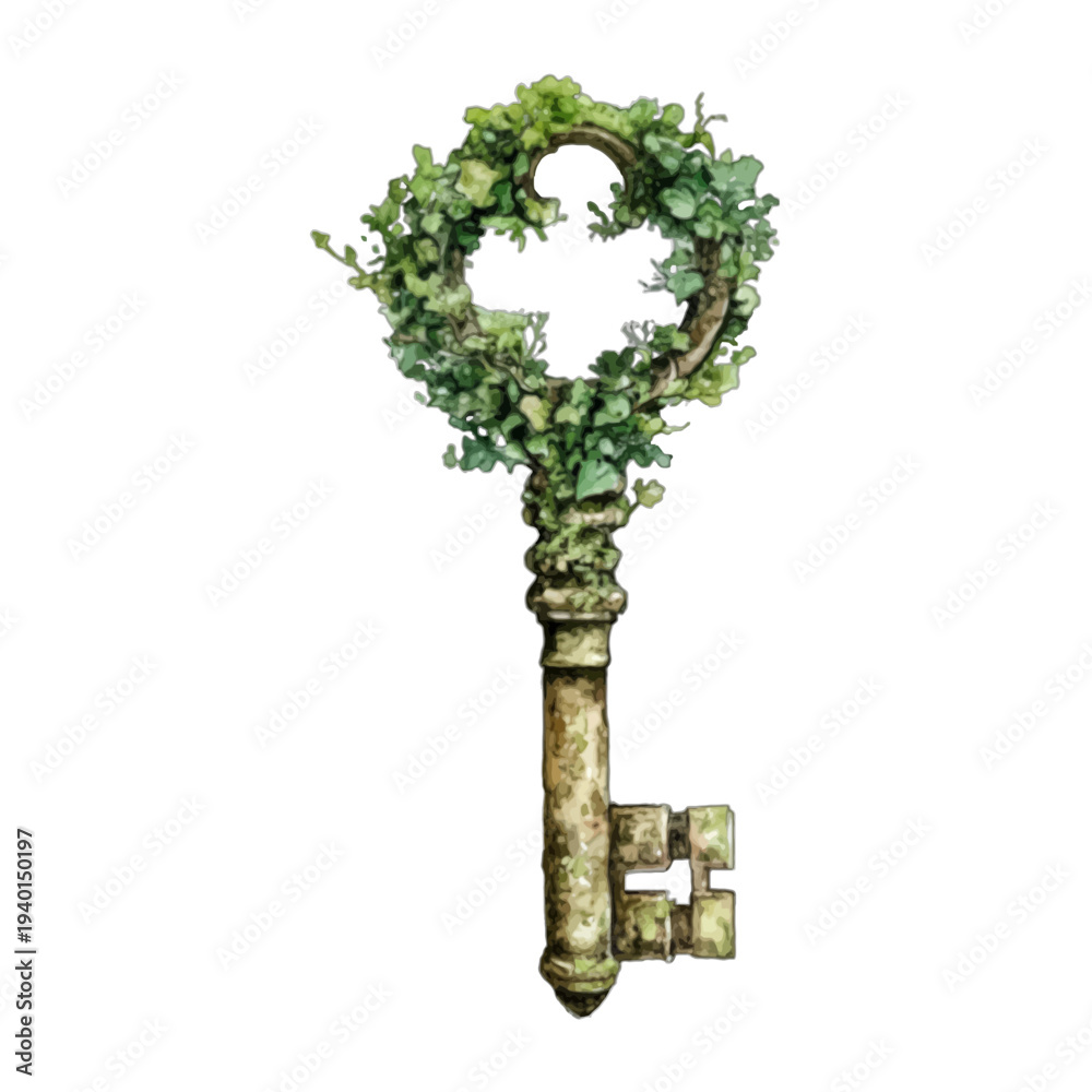 Obraz premium Watercolor illustration of an antique stone key overgrown with green ivy isolated on white 