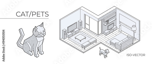 Vector cat pets in a 3D isometric room illustration, featuring layer and paper cut style elements seamlessly