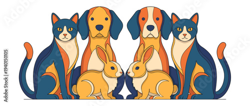 Vector illustration of cat and dog pets in paper cut style with garish colors