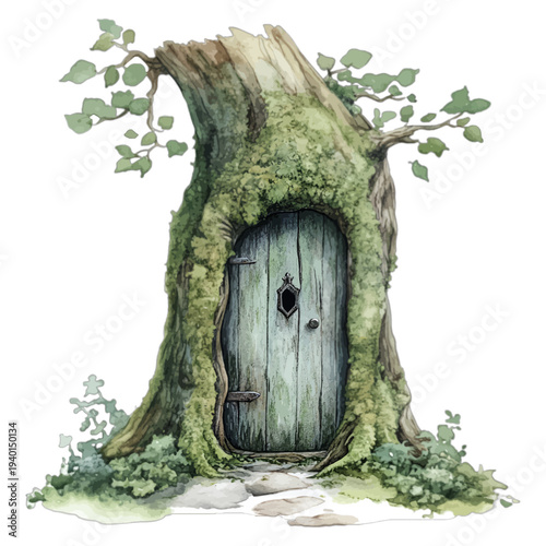 Watercolor fairy tree door with mossy bark and teal wooden entrance