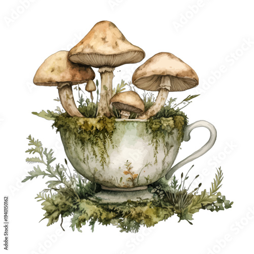 Watercolor illustration of a vintage teacup with mushrooms and green moss isolated on white
