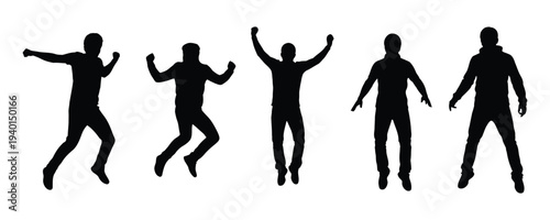 Five black silhouettes of people in different poses