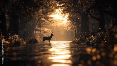 A lone deer stands in a serene river with sunlight streaming through the trees