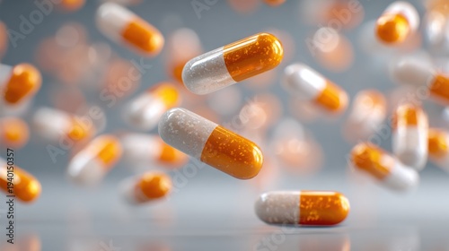 Orange and white capsules floating mid-air, a visual representation of health and medicine. A scattering of pills symbolizes various health-related themes
