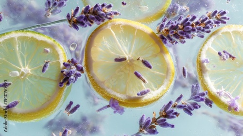 Refreshing arrangement: lavender and lemon slices in water. A bright and airy composition, perfect for showcasing a fresh and vibrant concept