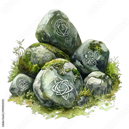 Watercolor illustration of a pile of ancient rune stones with celtic symbols isolated on white
