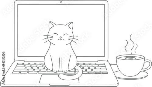 Adorable minimalist line art drawing depicts a happy cartoon cat sitting directly on a computer keyboard beside a steaming hot beverage.